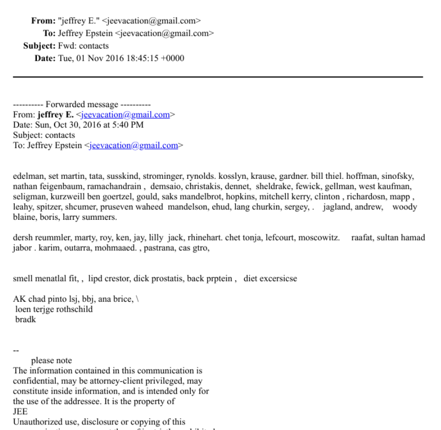 Screenshot of the email that was forwarded to himself, in 2016, containing a list of contacts, and some kind of notes regarding health
