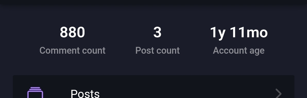 A screenshot of the voyager stats screen which says 880 comments, 3 posts, and 1y 11mo